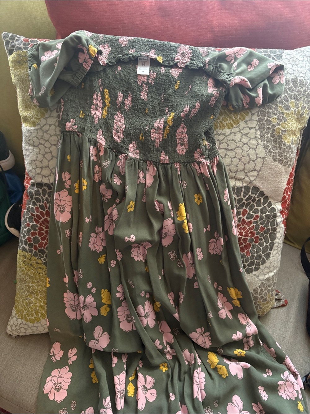 Girls' Olive Green Floral Off-Shoulder Dress - Pink & Yellow Print